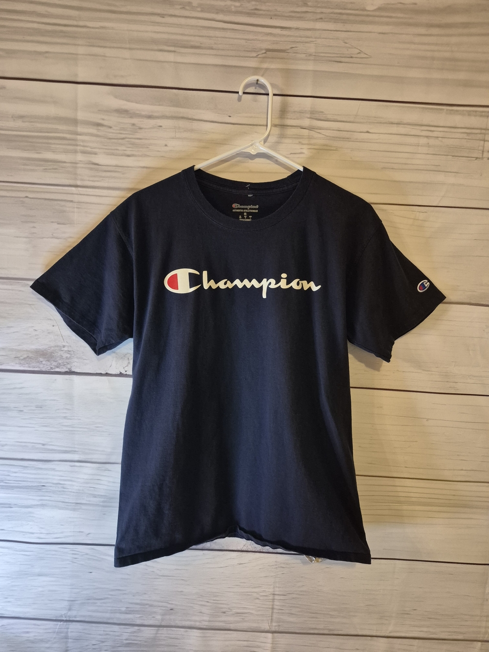 Champion Men's Navy Blue Script Logo Tee Medium